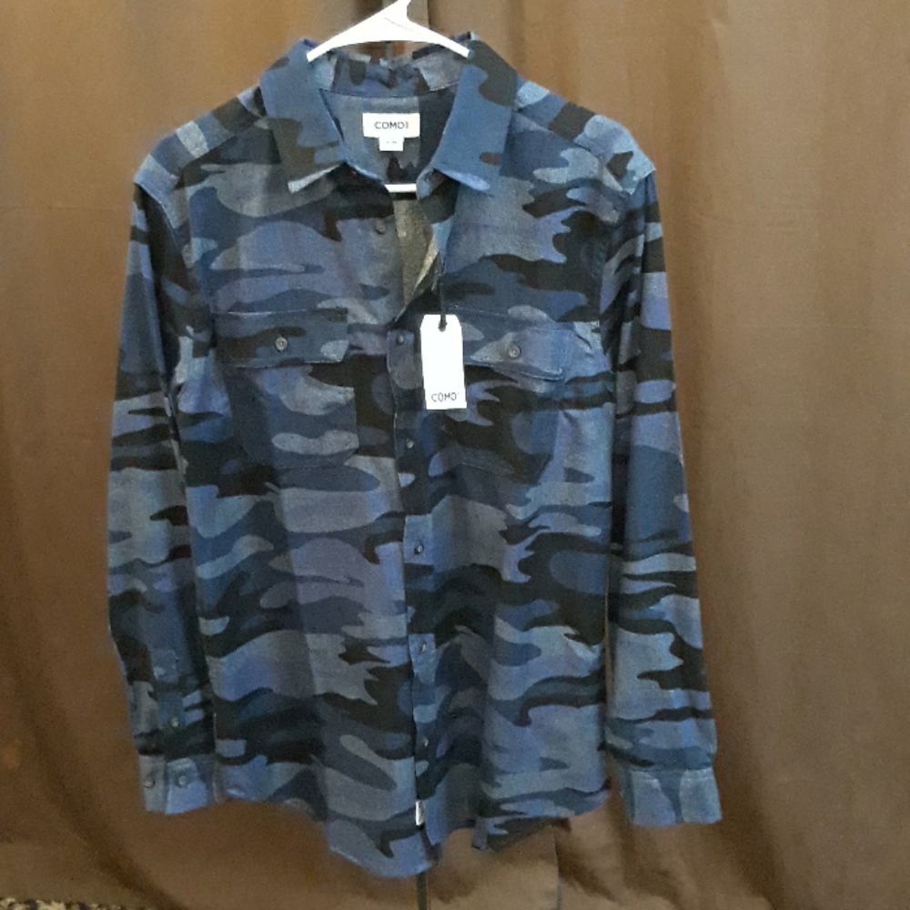 COMO Man CARGO Cotton Button front SHIRT jacket layer CAMOUFLAGE BLUE MENS NEW M - Picture 2 of 5